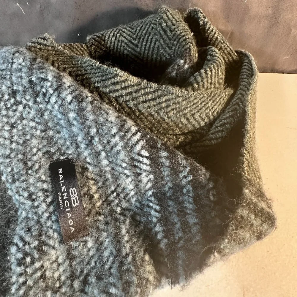 Balenciaga Scarf  Unisex Black Gray Tweed Black BLue Gray Herringbone Chevron